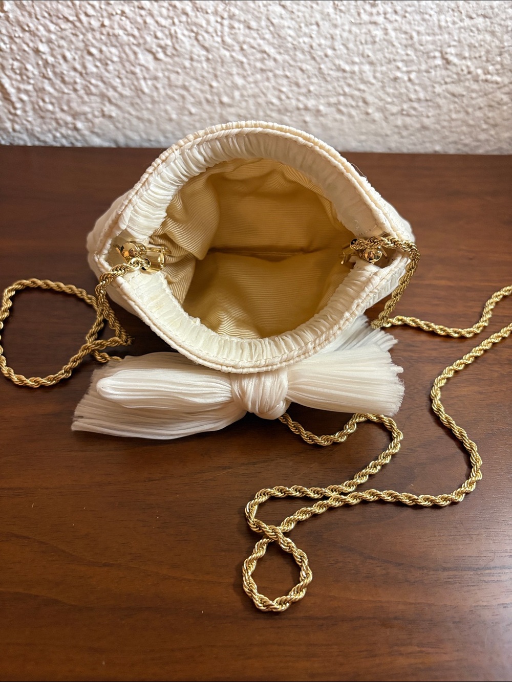 Loeffler Randall Ivory Pleated Bow Clutch with Gold Chain - Picture 6 of 14